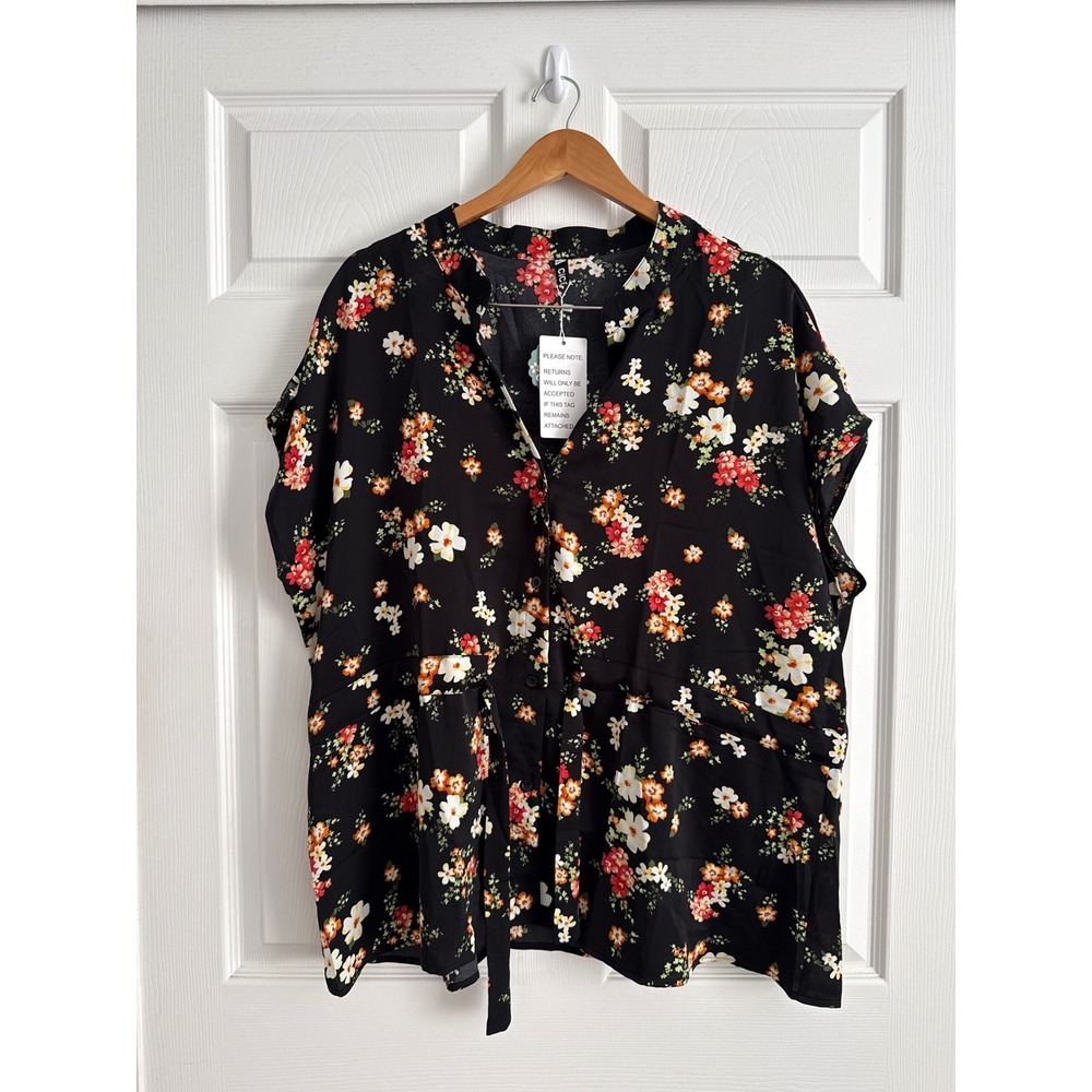 CiCiBird Womens XXL Black Floral Blouse Short Sleeve Drawstring Waist